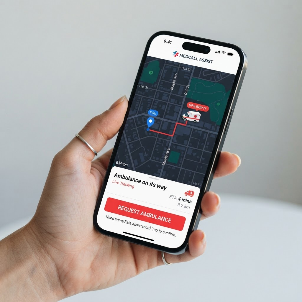 AmbuLync patient app showing live ambulance tracking on a map