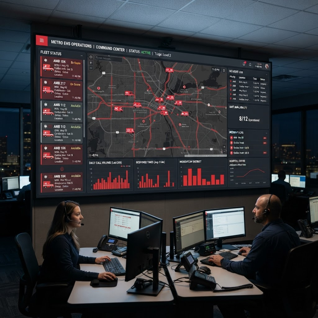 AmbuLync operations dashboard showing live fleet locations and analytics